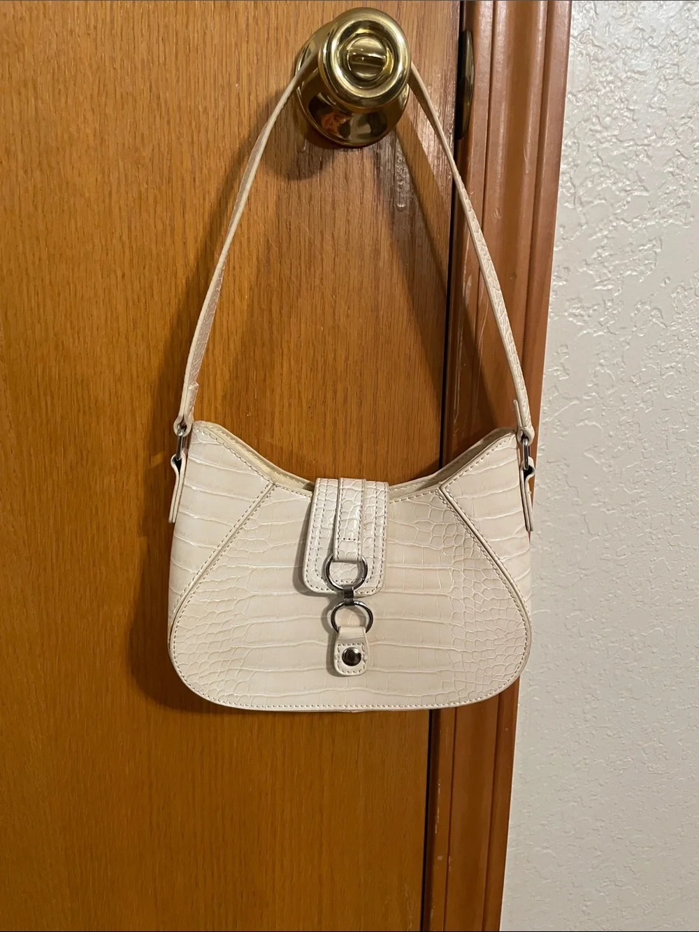 Urban Outfitters Cream Croc-Embossed Shoulder Bag with Silver Hardware